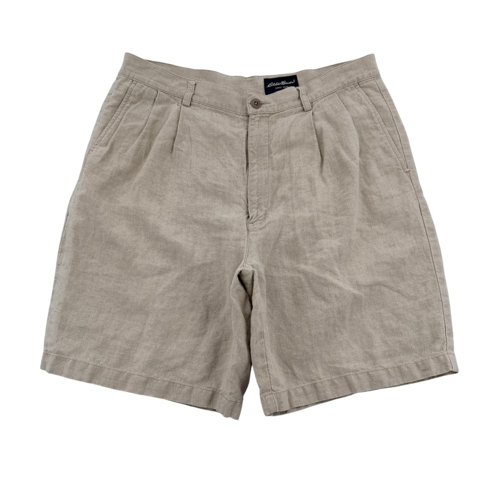 Eddie Bauer Mens 35 Beige 100% Linen Pleated Shorts Khaki High Rise Classic Fit